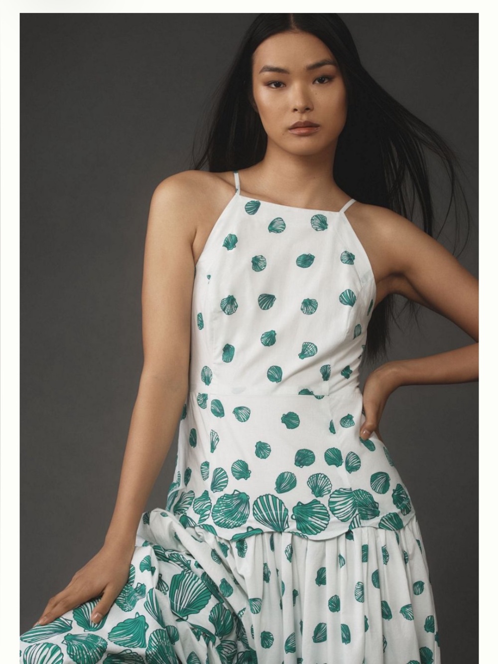 Anthropologie White Dress with Green Dot Trim